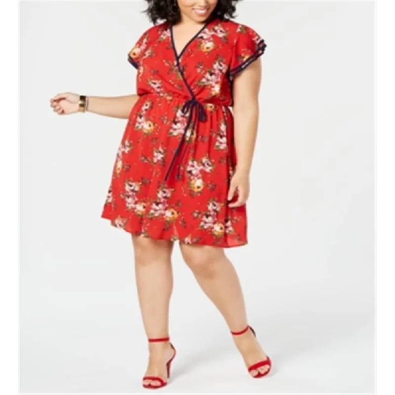 Love Squared Women's Floral V Neck Above the Knee Party Dress Size Red Size 1X