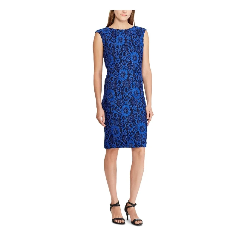 Ralph Lauren Women's Zippered Two Tone Floral Lace Boat Neck Above The Knee Body Con Party Dress Blue Size 6