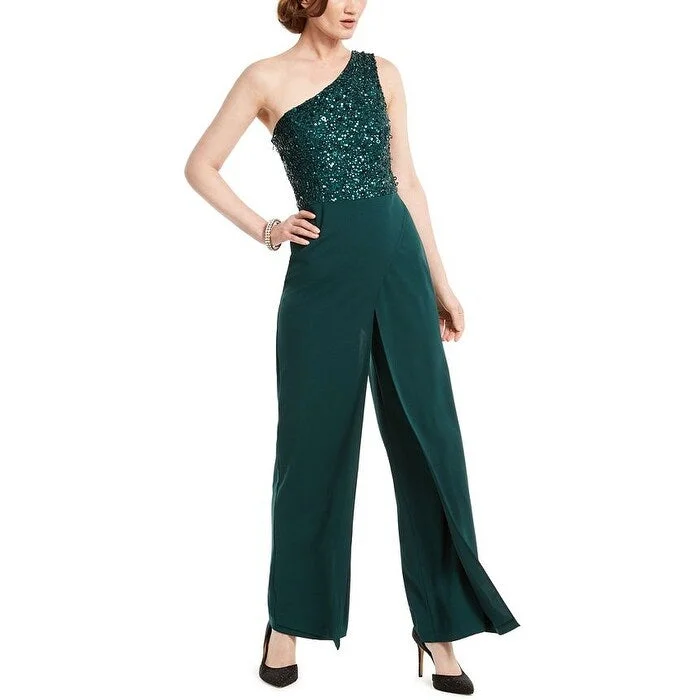 Adrianna Papell Women's Sequined Zippered Sleeveless Asymmetrical Neckline Party Jumpsuit Green Size 14