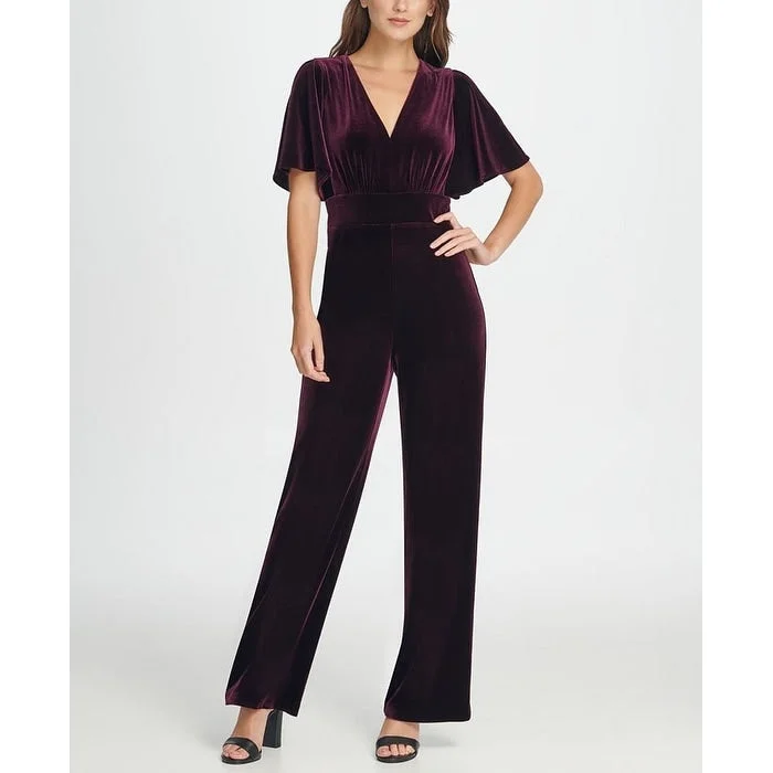 DKNY Women's Zippered Bell Sleeve V Neck Party Wide Leg Jumpsuit Purple Size 6