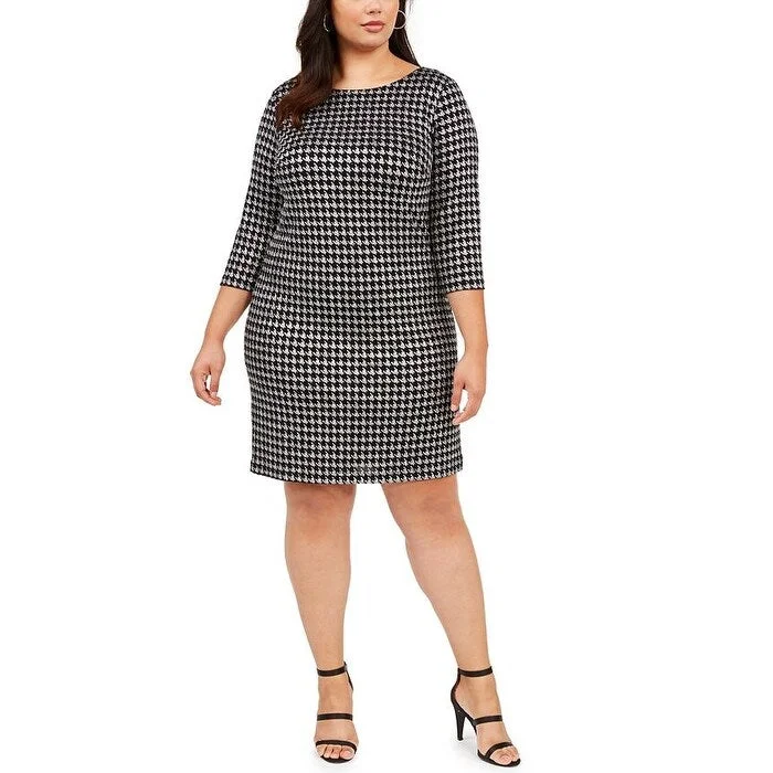 JESSICA HOWARD Women's Glitter Zippered Houndstooth 3/4 Sleeve Jewel Neck Above the Knee Sheath Party Dress Silver Size 14W