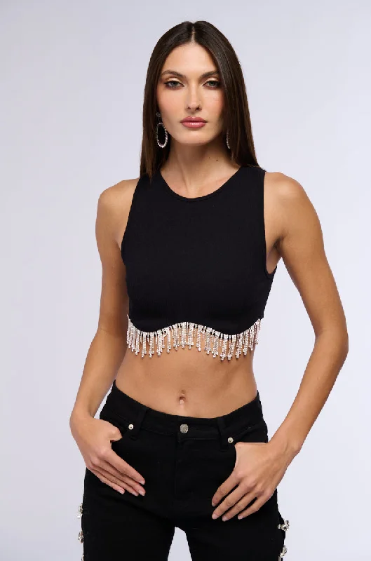 MAKE YOU BELIEVE IT RHINESTONE FRINGE TANK IN BLACK