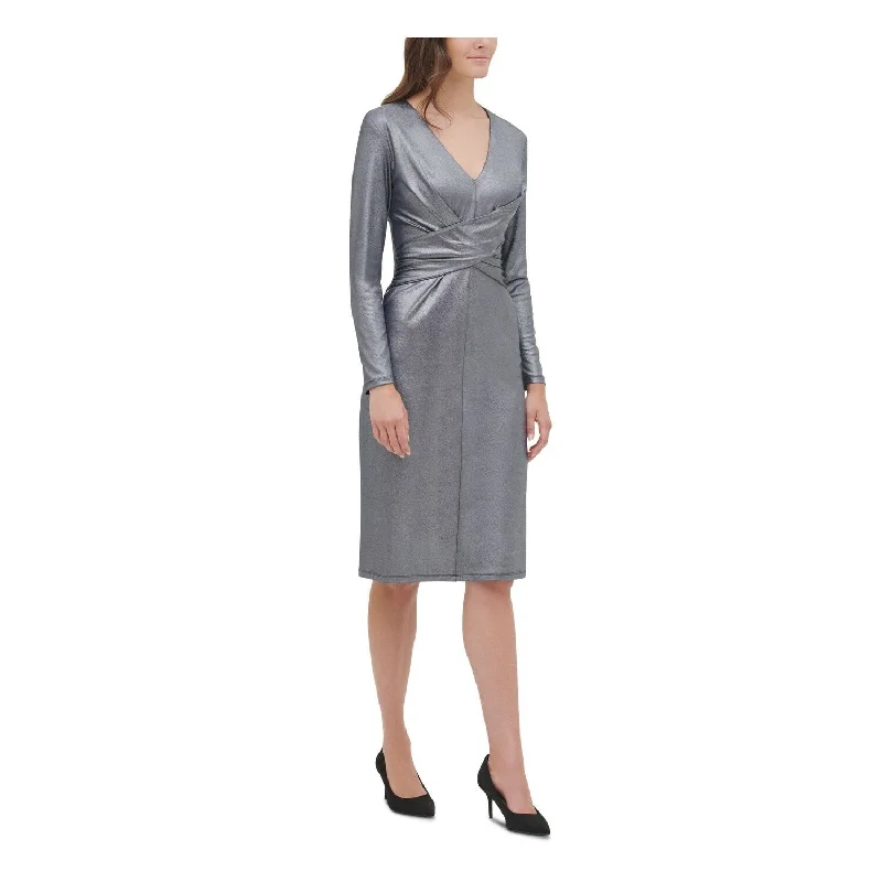 Tommy Hilfiger Women's 3/4 Sleeve V Neck Below The Knee Party Dress Gray Size 12