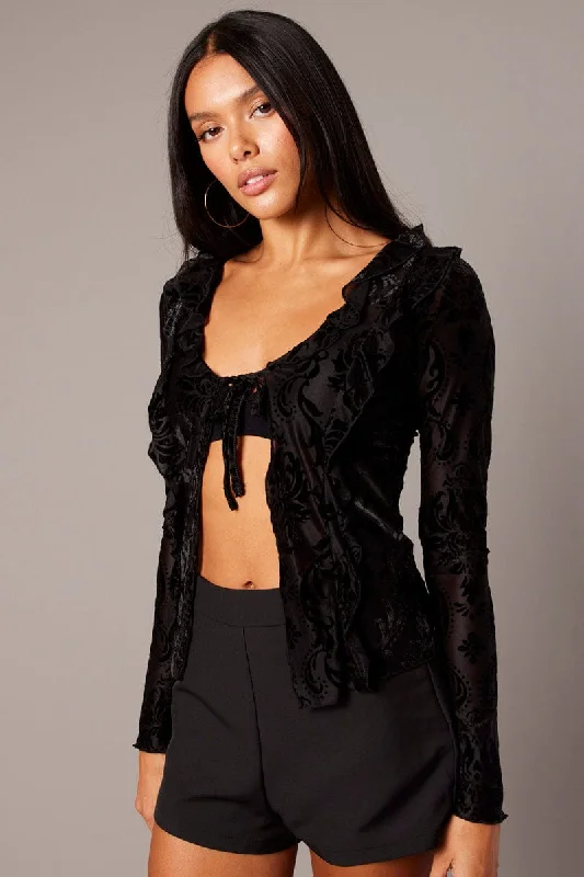 Black Ruffle Cardigan Long Sleeve