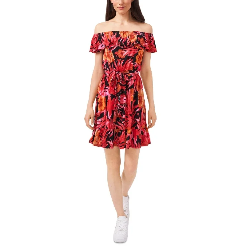 Riley & Rae Women's Stretch Ruffled Off Shoulder Above The Knee Party Fit Flare Dress Red Size X-Small