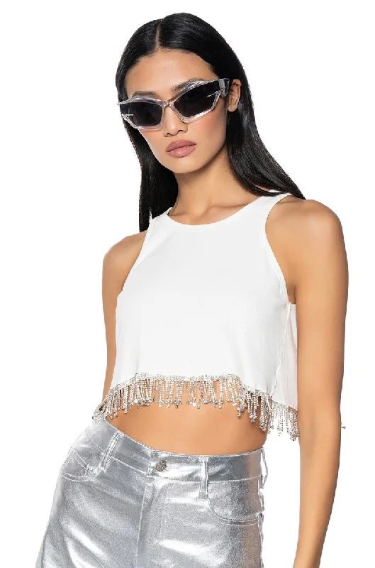 FEVER DREAM RHINESTONE FRINGE OPEN BACK TANK TOP