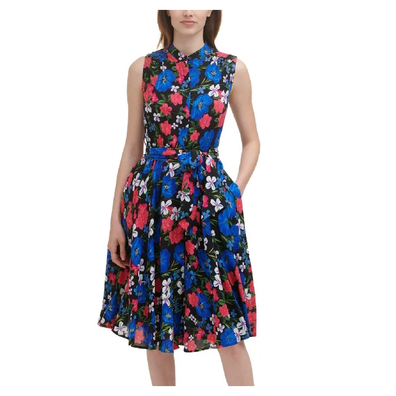 Calvin Klein Women's Tie Pocketed Floral Sleeveless Collared Knee Length Party Fit Flare Dress Blue Size 16