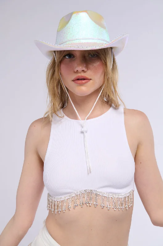 MAKE YOU BELIEVE IT RHINESTONE FRINGE TANK IN WHITE