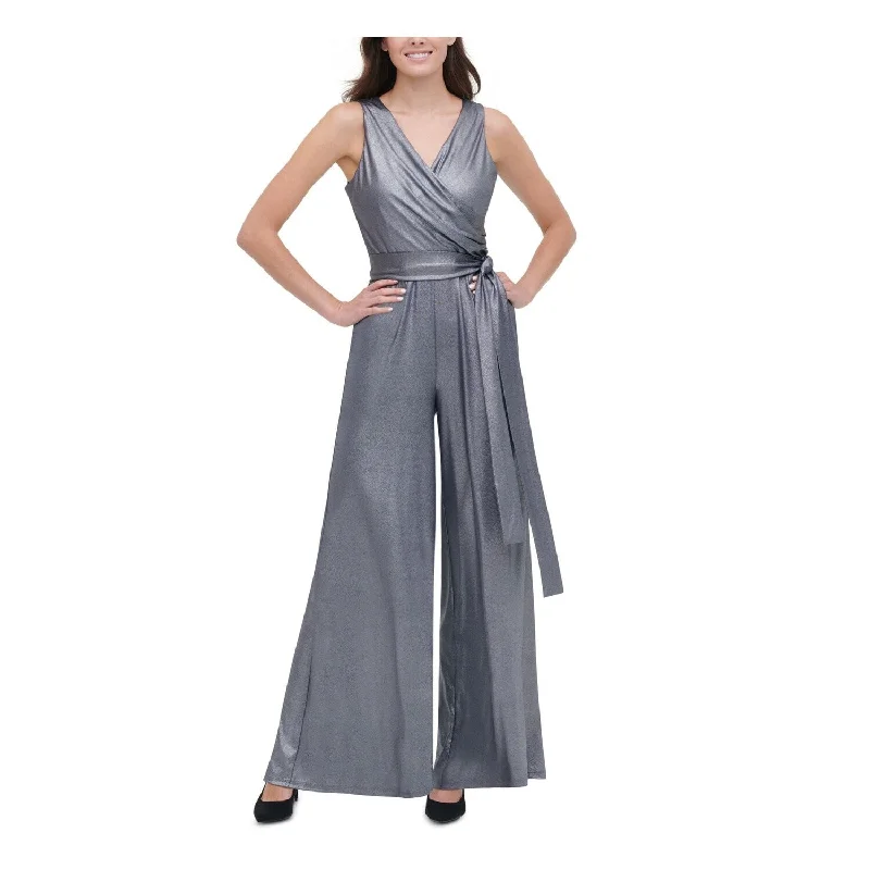 Tommy Hilfiger Women's Belted Sleeveless V Neck Faux Wrap Wide Leg Party Jumpsuit Gray Size 2