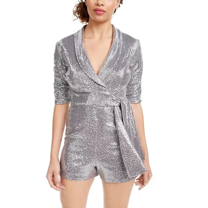 Crystal Dolls Women's Sequined 3/4 Sleeve V Neck Wrap Party Romper Gray Size X-Small