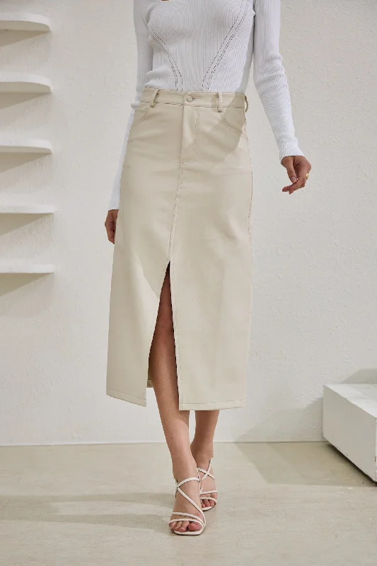 Evan Beige Faux Leather PU Midi Skirt