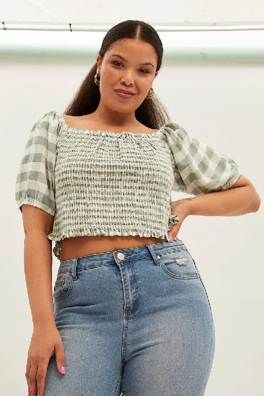 Green Check Shirred Top Short Sleeve Square Neck