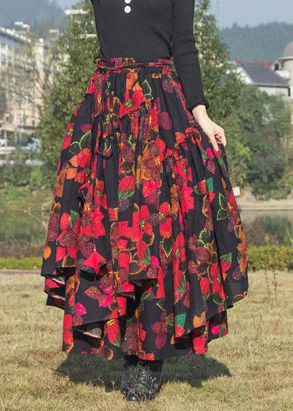 Organic Red Asymmetrical Print Tie Waist A Line Skirt Fal