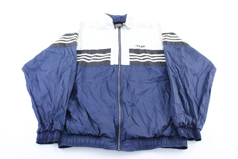 90's Adidas Embroidered Logo Navy Blue, White, & Black Striped Zip Up Jacket