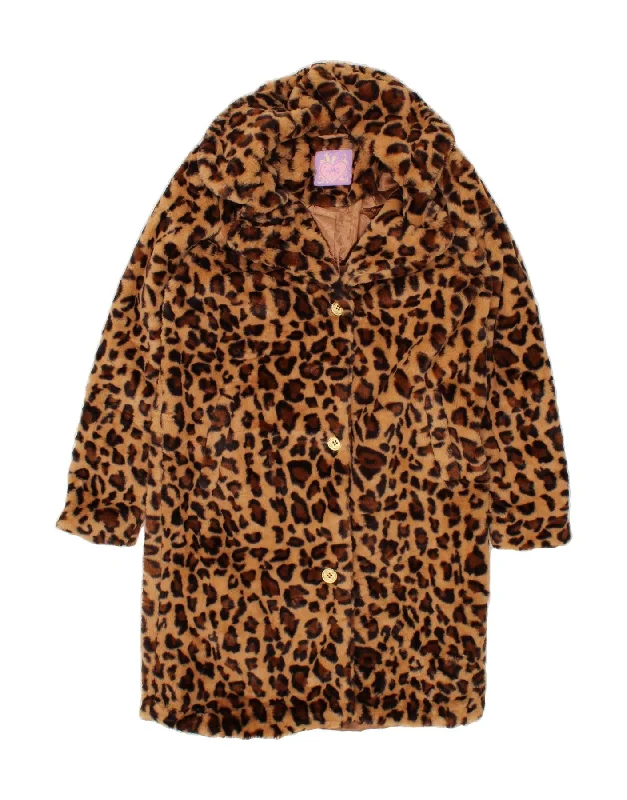 VINTAGE Womens Oversized Faux Fur Overcoat UK 10 Small Brown Animal Print