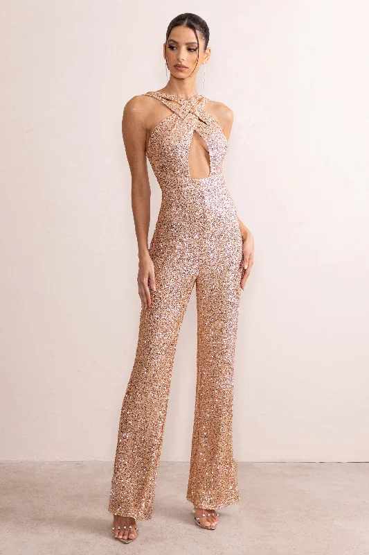 Audrey | Champagne Sequin Cross Front Flared Leg Jumpsuit With Keyhole Detail