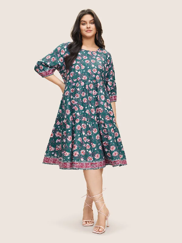 Bandana Floral Print Lantern Sleeve Gathered Dress