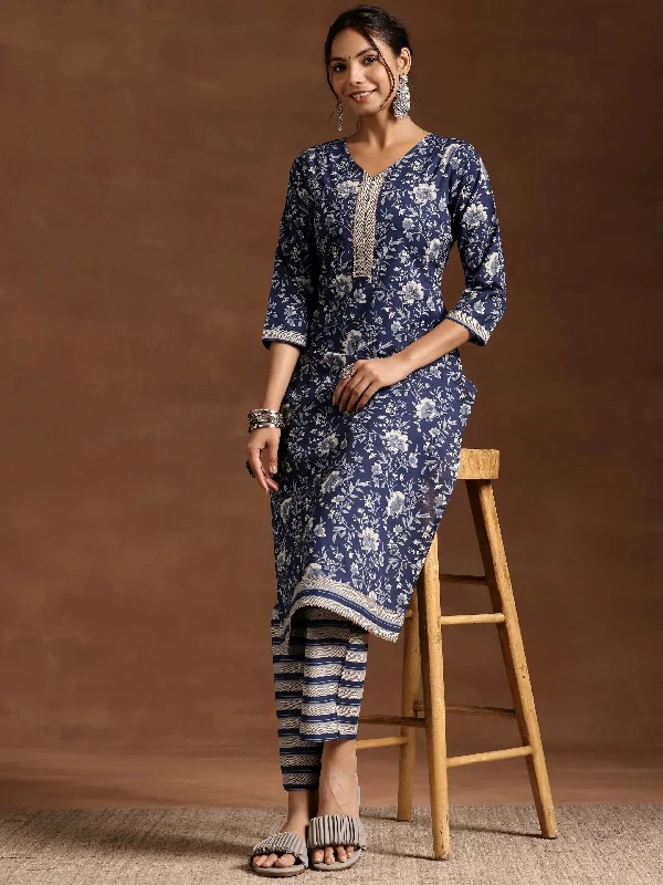 Blue Printed Cotton Straight Kurta Set