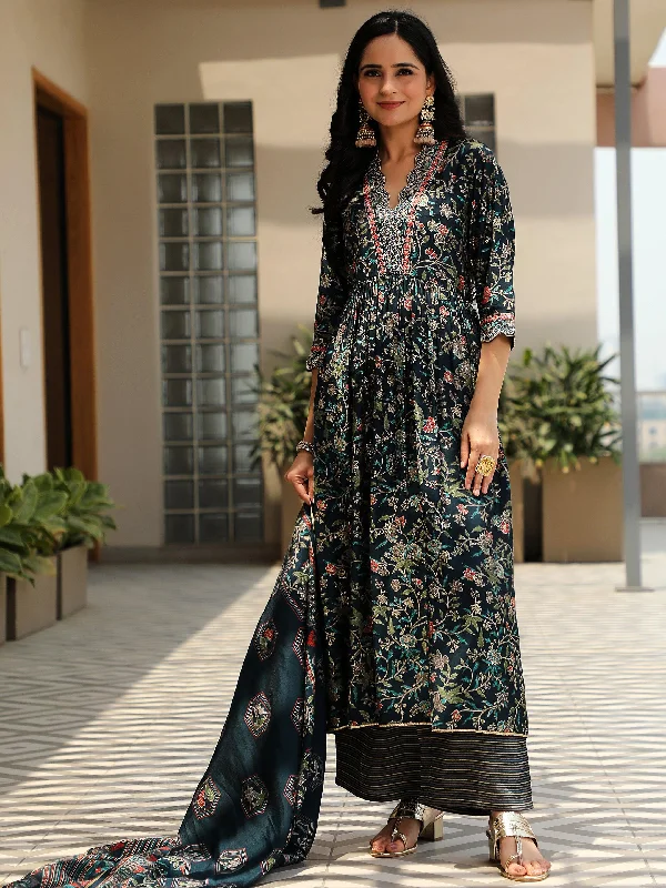 Blue Printed Silk Blend A-Line Kurta With Palazzos & Dupatta