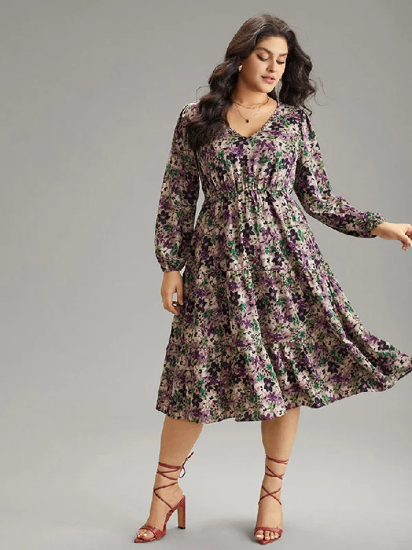 Floral Gathered Ruffle Layered Hem Dress