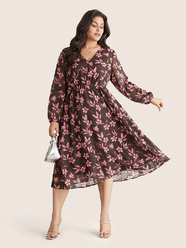 Floral Mesh Patchwork Lantern Sleeve Wrap Dress