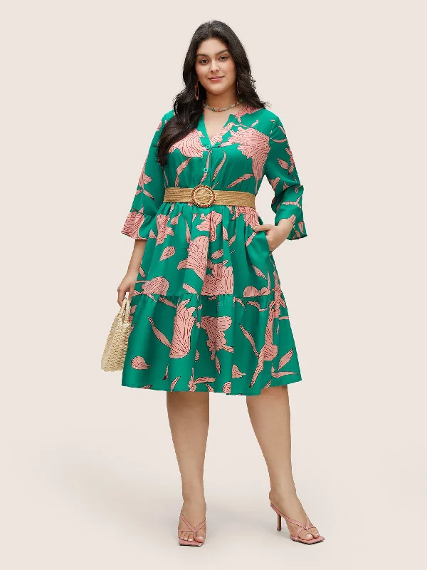 Floral Notched Button Up Patchwork Ruffles Dress