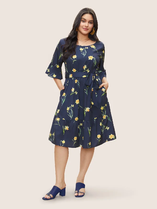 Floral Print Belted Gathered Bell Sleeve Dress