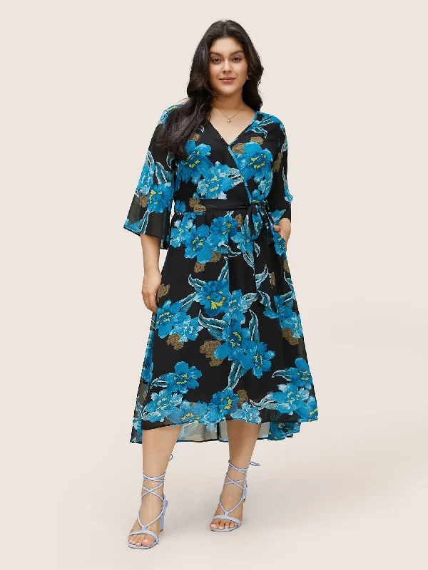 Floral Print Surplice Neck Belted Mesh Dress