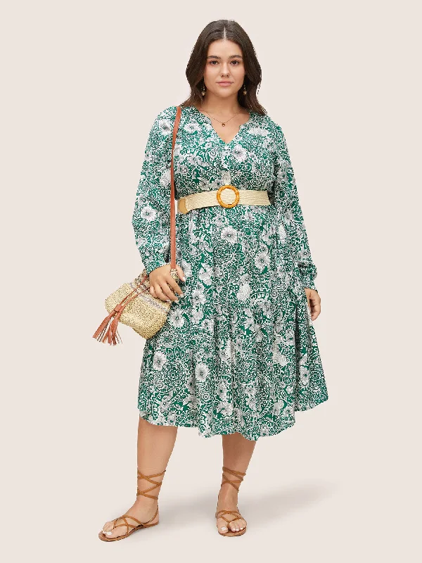 Floral Shirred Button Detail Lantern Sleeve Dress