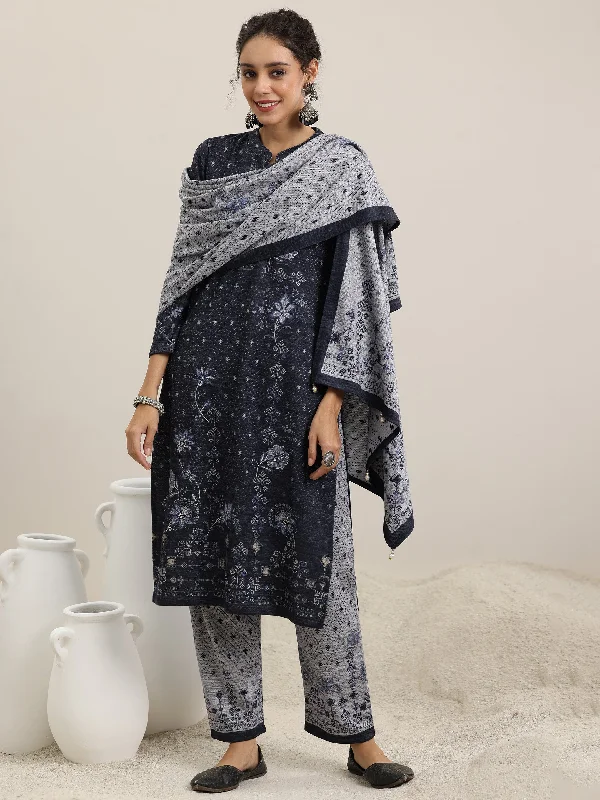 Grey Printed Wool Blend Straight Suit With Dupatta