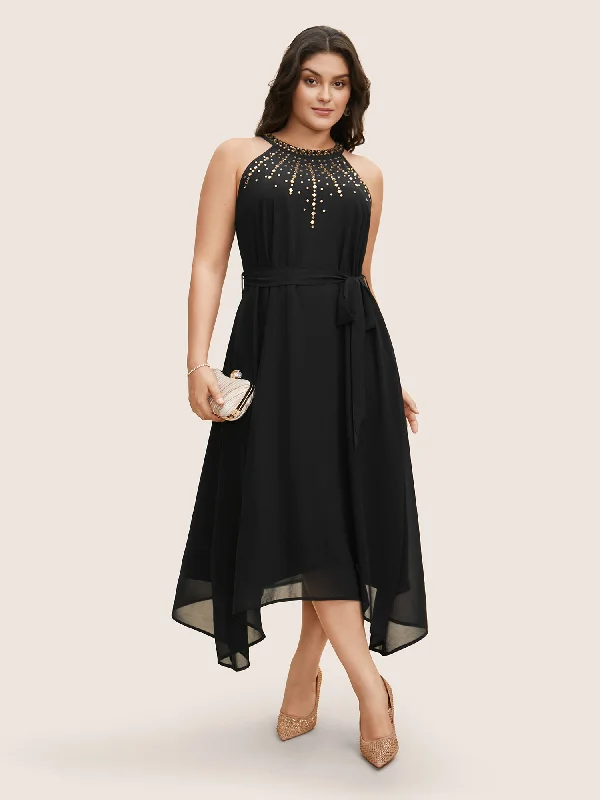 Halter Neck Rhinestone Detail Asymmetrical Hem Dress