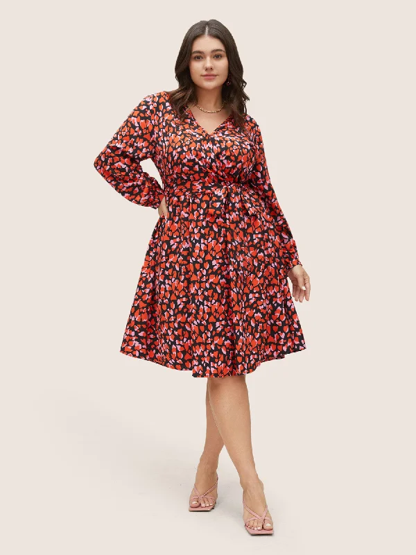 Heart Allover Print Belted Surplice Neck Dress