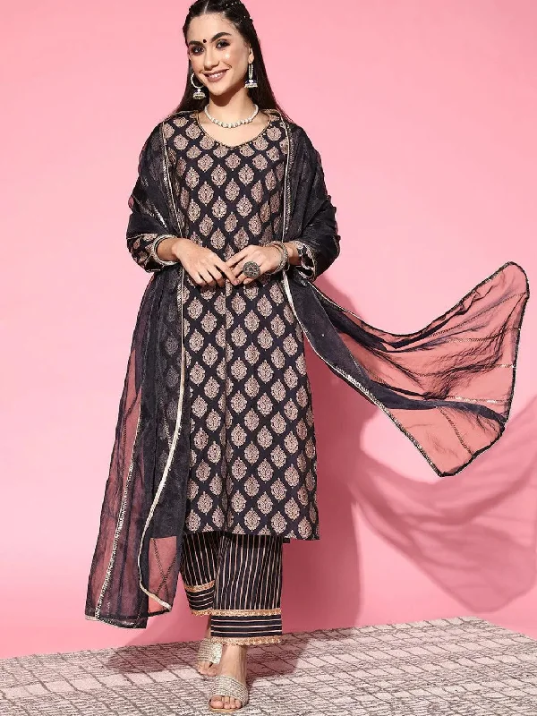 Navy Blue Printed Silk Blend Straight Kurta With Palazzos & Dupatta