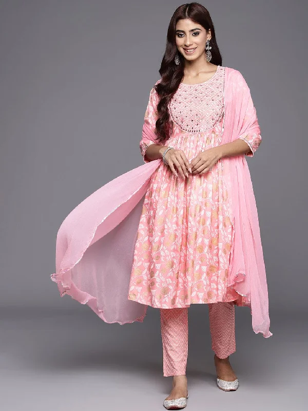 Pink Yoke Design Rayon A-Line Kurta With Trousers & Dupatta