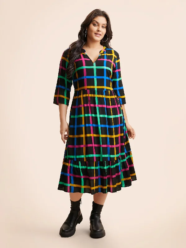 Plaid Notched Ruffle Hem Pocket Dress