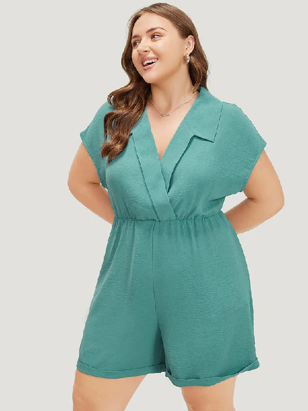 Plain Lapel Collar Batwing Sleeve Wrap Pocket Zip Romper