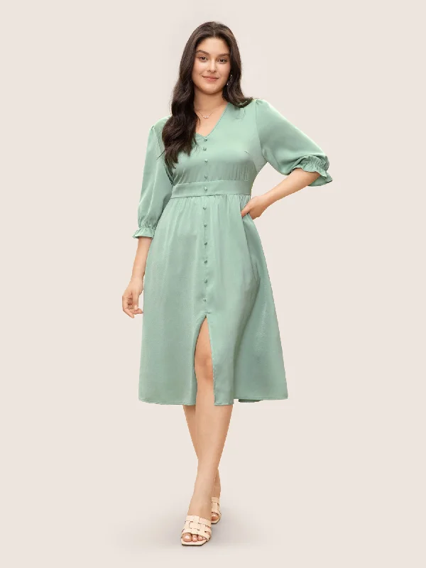 Plain Ruffles Button Detail Split Front Satin Dress