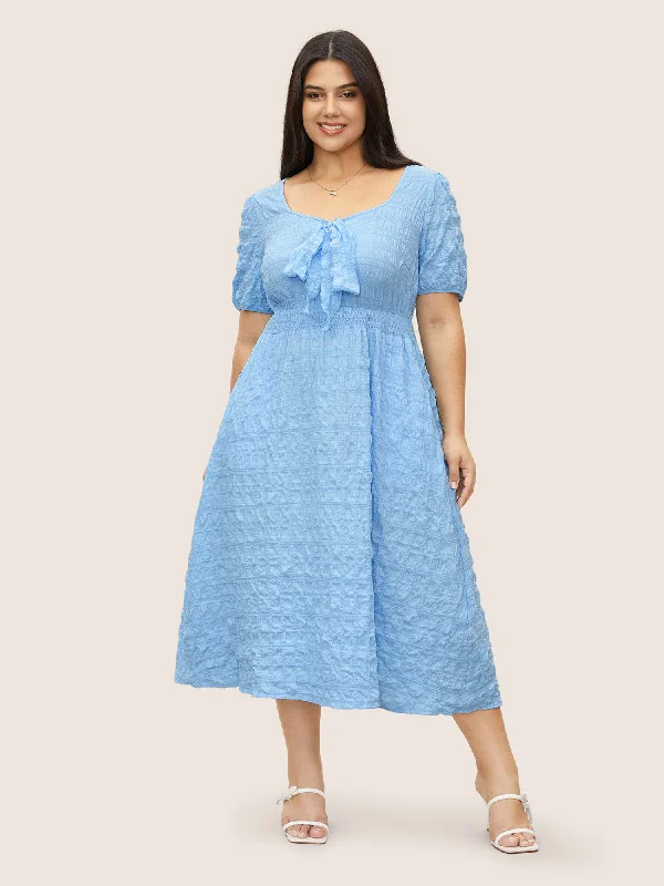 Citrus Plain Texture Shirred Tie Knot Lantern Sleeve Dress