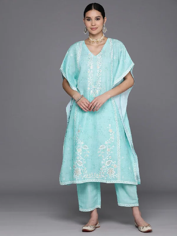 Sea Green Printed Silk Blend Kaftan Kaftan With Trousers