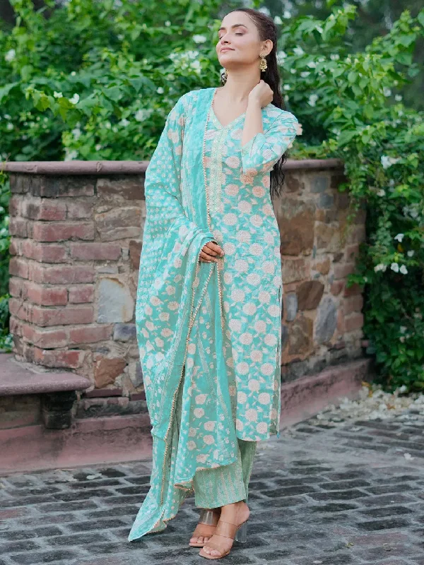 Turquoise Printed Cotton Straight Suit With Dupatta