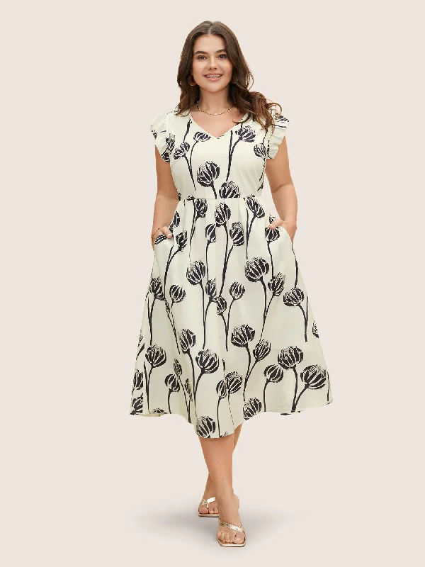 V Neck Floral Print Ruffle Cap Sleeve Dress