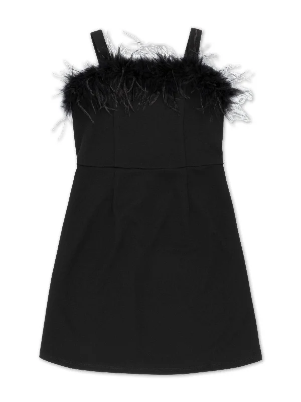 Girls Faux Feather Trim Knee-Length Mini Dress