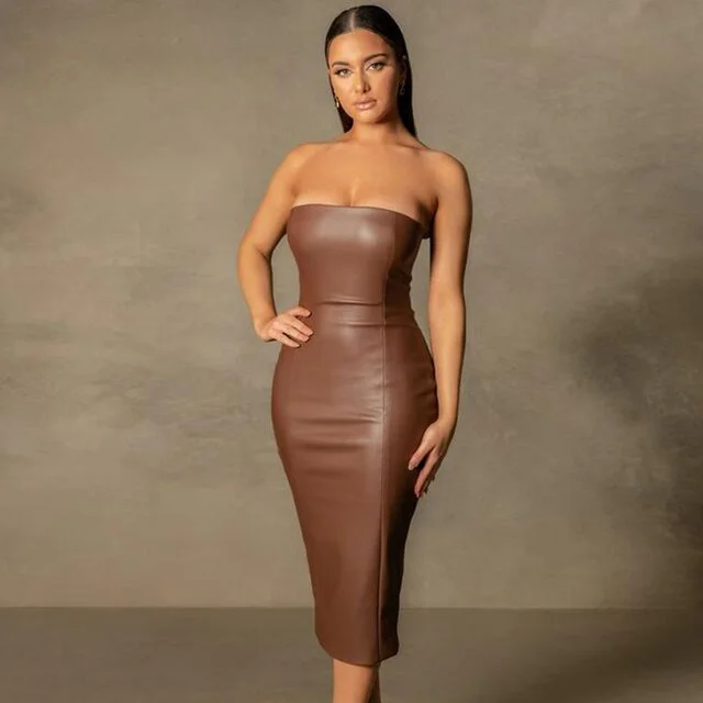 Strapless Stretch PU Bodycon Midi Dress