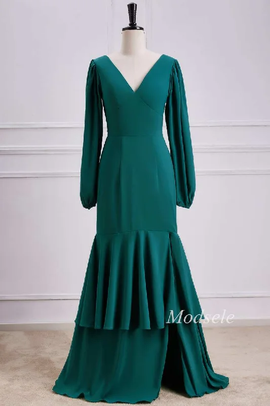 Emerald V-Neck Ruffle Maxi Dress with Long Sleeves