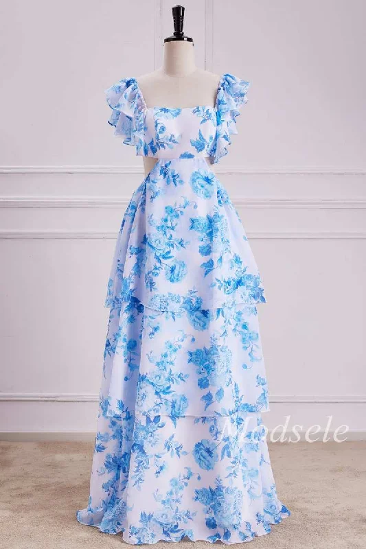 Flutter Sleeve Cutout Tiered Floral Print Maxi Dress