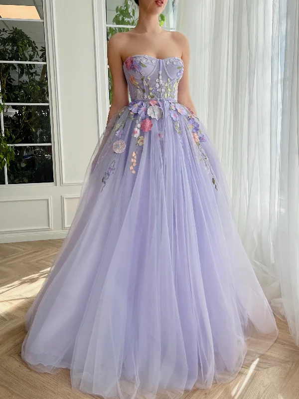 Lavender Floral Prom Dresses, Sweetheart A-line Prom Dresses, 2023 Prom Dresses, Maxi Dresses