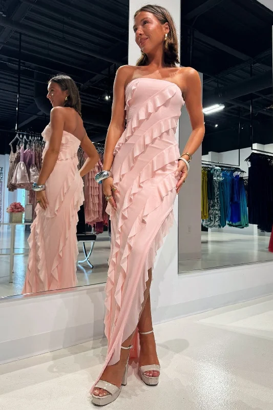 Strapless Ruffle Chiffon Maxi Dress with Slit in Pink