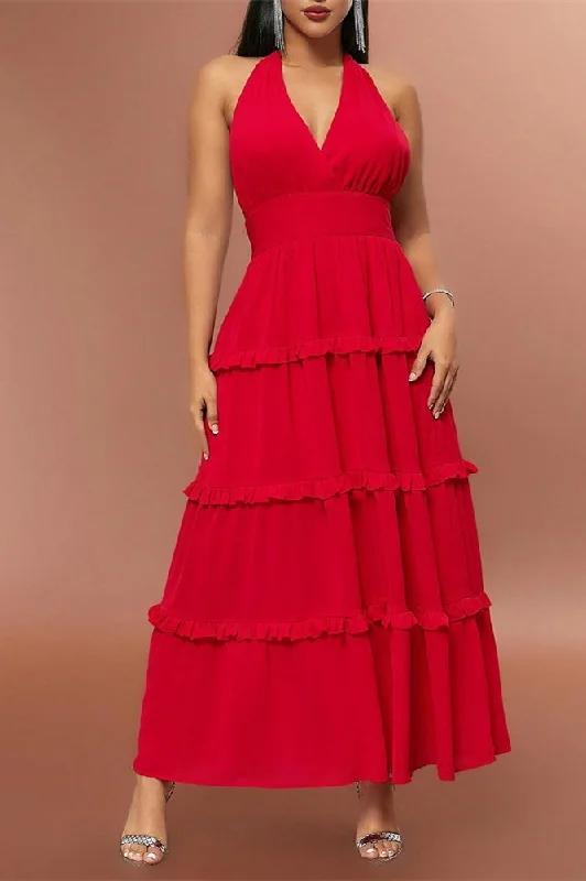 Red Halter High-Waist Ruffle Maxi Dress