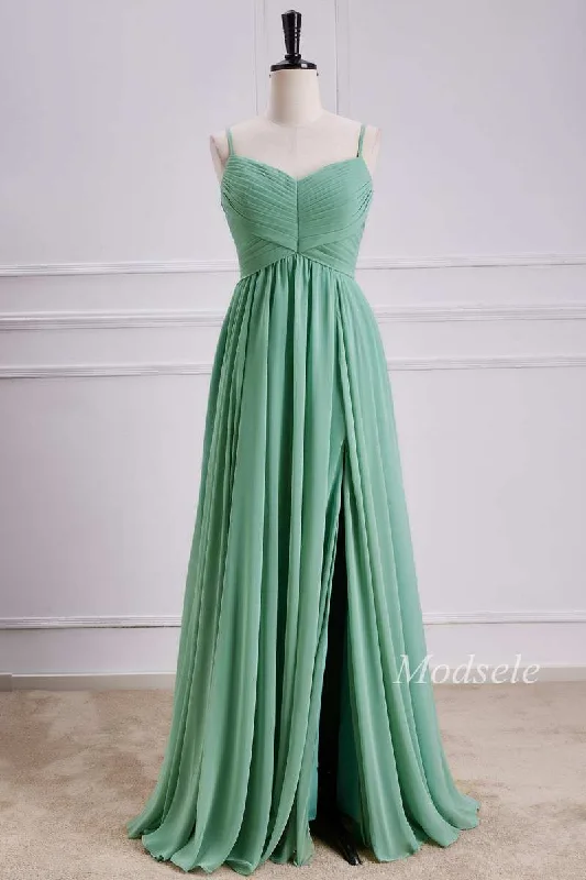 Sage Chiffon Spaghetti Strap Maxi Dress with Slit