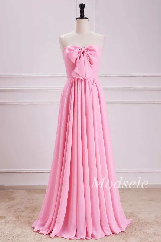 Strapless Bow Front A-Line Chiffon Maxi Dress in Pink